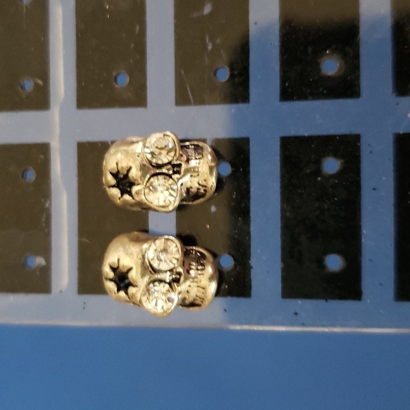 Skeleton skull earrings, rhinestone eyes, silver post back earrings, costume - Picture 3 of 5